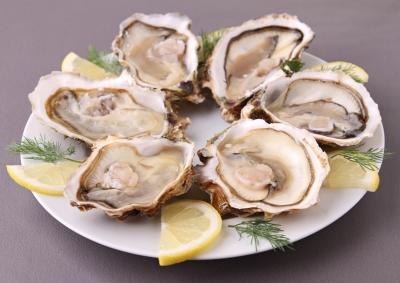 A plate of fresh oysters with lemon slices.
