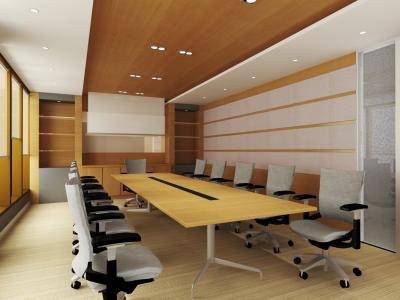 A clean conference room with sturdy yet modern furniture,