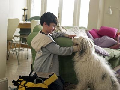 Boy and dog in living room