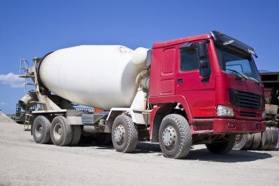A cement mixer truck