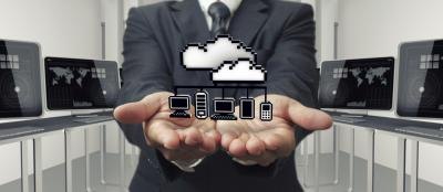 Holding digital icons in hand.