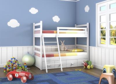 Kid's bedroom with large furniture against wall.