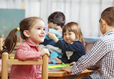 Children imitate activities presented by the teacher in Waldorf education.