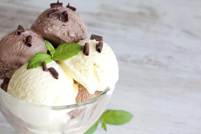 Bowl of chocolate and vanilla ice cream