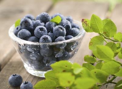 A glass bowl of blueberries