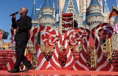 Candy cane decorations on stage