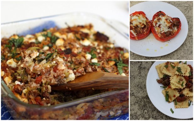 Zucchini casserole with feta cheese, stuffed peppers and fresh ravioli with meat and tomato sauce. Zucchini casserole with feta cheese, stuffed peppers and fresh ravioli with meat and tomato sauce.