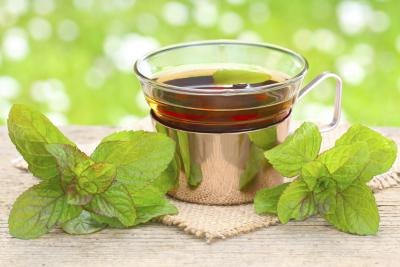 A cup of peppermint tea with peppermint leaves. A cup of peppermint tea with peppermint leaves.