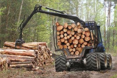 A harvester transports logs from a forest. A harvester transports logs from a forest.