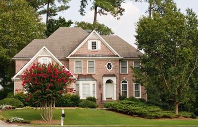 A pink flowering crape myrtle tree grows in front of a suburban house. A pink flowering crape myrtle tree grows in front of a suburban house.