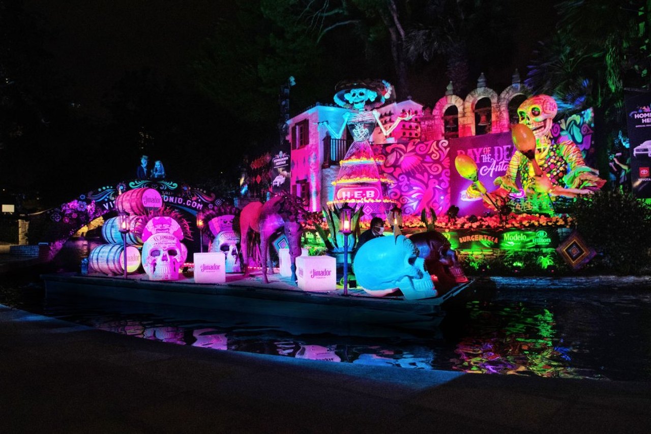 Day Of The Dead Boat Parade On The San Antonio River Walk In Texas
