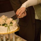 Couple admiring wedding dress