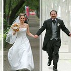 Bride and groom walking up aisle at wedding ceremony