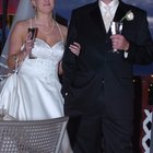 Bride and groom toasting with champagne and guests