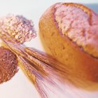 Wheat in ceramic bowl on rustic wooden background