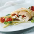 Baked spring rolls with deep, vegetables and rice.