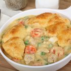 Chicken pot pie topped with puff pastry lattice