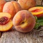 Ripe peaches in a bowl on wooden background