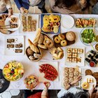 Antipasti and catering platter with different meat and cheese products