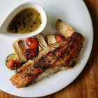 Close up of grilled salmon and vegetables