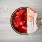 Canned salmon on wood, from above