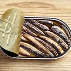 Canned salmon on wood, from above