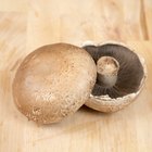 Big champignon mushrooms scattered on wooden cutting board