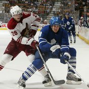 Joel Perrault of the Phoenix Coyotes on the forecheck.