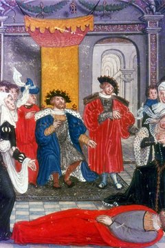 King Priam mourns his dead son in the Trojan War.