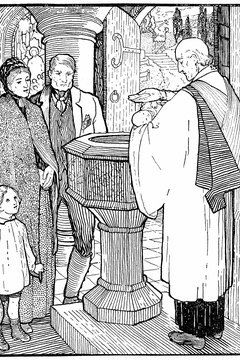 A child is baptized during his christening.