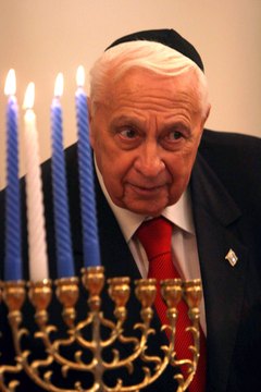 Former Israeli Prime Minister Ariel Sharon wearing a yarmulke during Chanukkah celebrations.