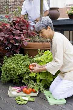 Jupiterimages/Creatas/Getty Images Stretch frequently when gardening to reduce tightness of lower-back muscles.