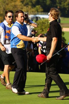 Europe's Graeme McDowell (left) defeated Hunter Mahan in a 2010 Ryder Cup singles match.