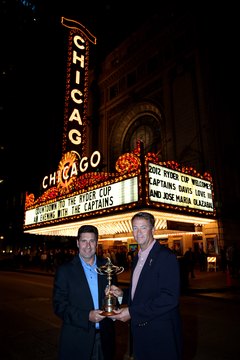 The 2012 Ryder Cup captains, Jose Maria Olazabal and Davis Love III, pose with the Ryder Cup.