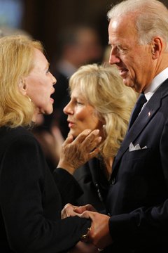 Vice President Biden chats with Sen. Edward Kennedy's ex-wife, Joan, during the Mass for the senator in Washington, D.C.