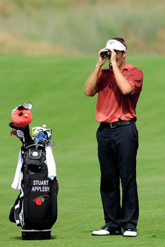 Stuart Appleby uses a rangefinder during a practice round.