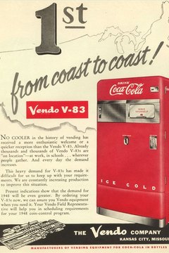 An advertisement for a pre-1956 Vendo 83 Coke machine