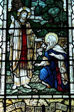 Some windows tell biblical stories.