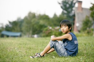 Japanese boy sitting, looking at camera