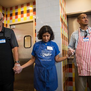 Volunteers at a soup kitchen.