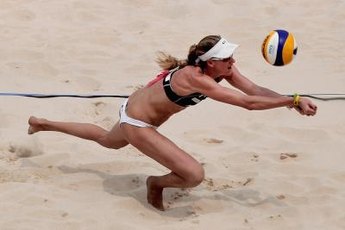Kerri Walsh of the United States digs a volleyball during a match in Beijing, China.