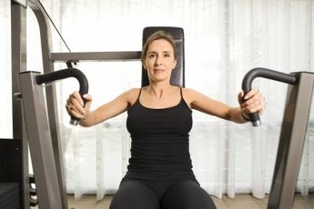 The chest press works the pectorals, the muscles in the front of your upper torso.