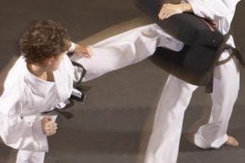 Practicing kicking techniques is what tae kwon do training is all about.