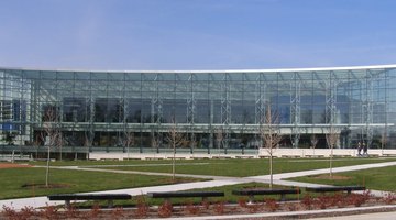 The photograph shows the glass wall of the A.Alfred Taubman Student Services Center at  Lawrence Technological University