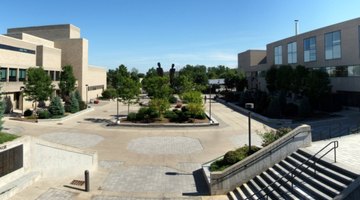 A panoramic picture of the Angell Center courtyard at the State University of New York at Plattsburgh.