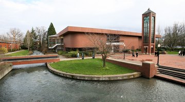 The Mill Stream runs through campus past the Mark O. Hatfield Library and Jackson Plaza.[25]