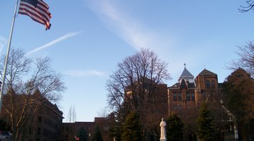 The Seton Hill University Administration Building, with a statue of Elizabeth Ann Seton.