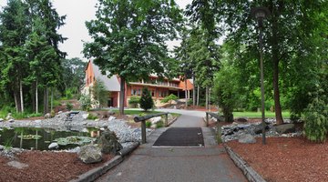 Rear view of Anderson University Center, showing the garden behind the building.