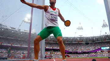 Attila Szabo of Hungary competes during the Men's Decathlon Discus Throw on Day 13 of the London 2012 Olympic Games at Olympic Stadium on August 9, 2012 in London, England