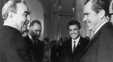 President Richard Nixon meets Russian President Leonid Brezhnev in Moscow after the Strategic Arms Limitation Talks, 31st May 1972.
